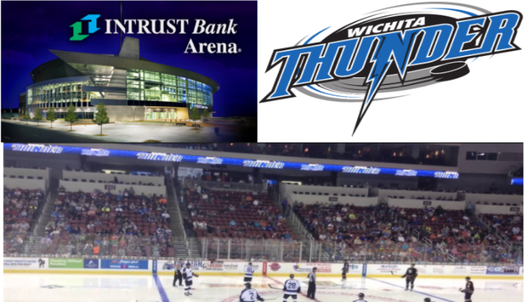 In the upper left corner is the Intrust Bank Arena where Wichita Thunder plays their hockey games. In the upper right corner is the Wichita Thunder logo. The bottom picture is a picture of Wichita Thunder at one of their games.