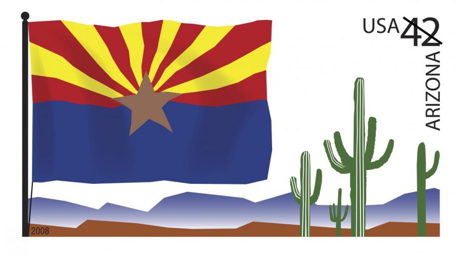 This is a picture of the Arizona flag with cacti and mountains in the background.