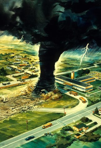 A drawing of a tornado ripping through a town.